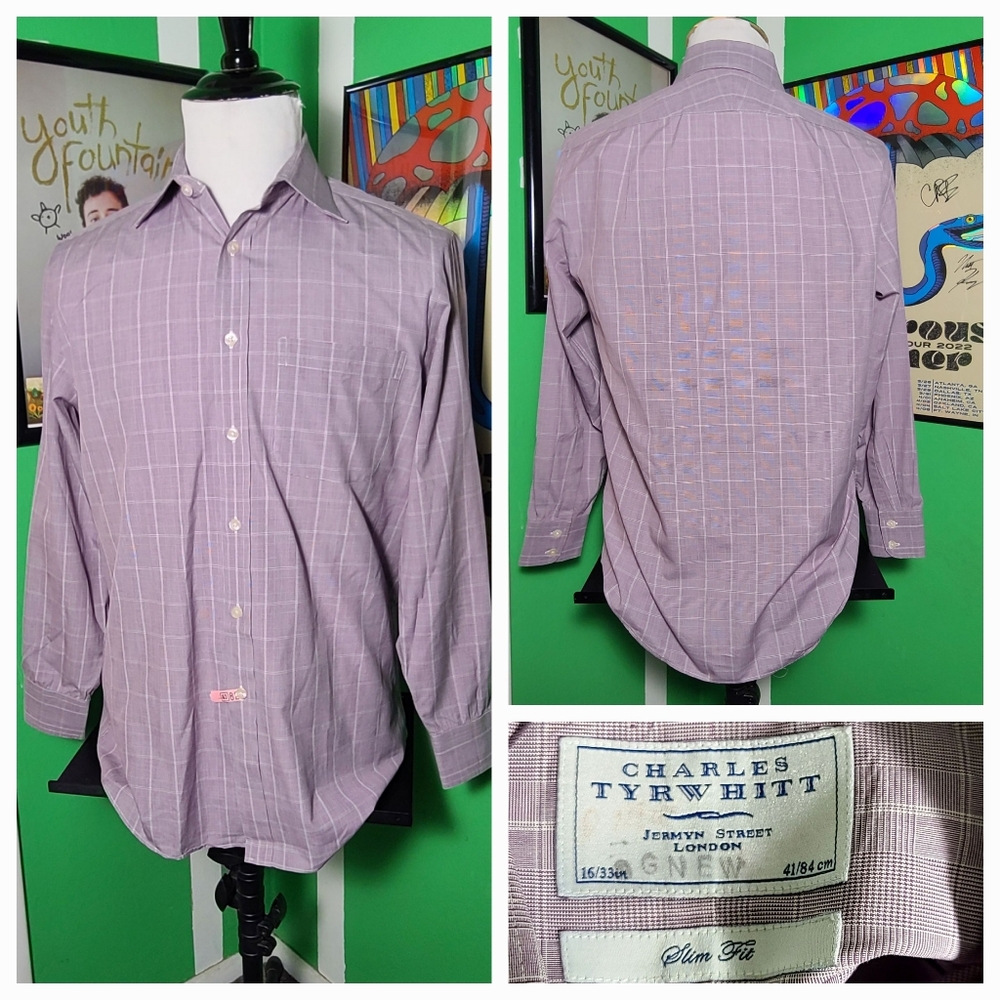 Charles Tyrwhitt Men's Purple Check Shirt 16/33 Slim Fit Lomg Sleeve